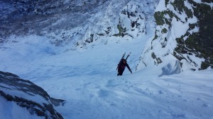 AMC Caretaker on her day off. She is a dedicated and adventurous skier to ski this stuff.