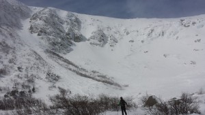 Helon heading up toward Left Gully. The crown line in the picture was from the 8" snowfall on March 1-2.
