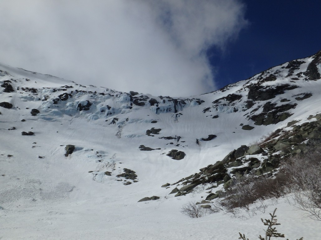 The waterfall opening in the main drainage of the Lip is open in several places. A fall into this would most likely be fatal. Multiple crevasses can be seen in the vicinity.