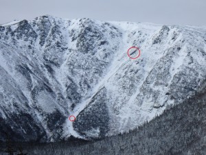 Hillman's Highway a week prior to the incident. The two red circles indicate where the skier fell and where he came to a rest.